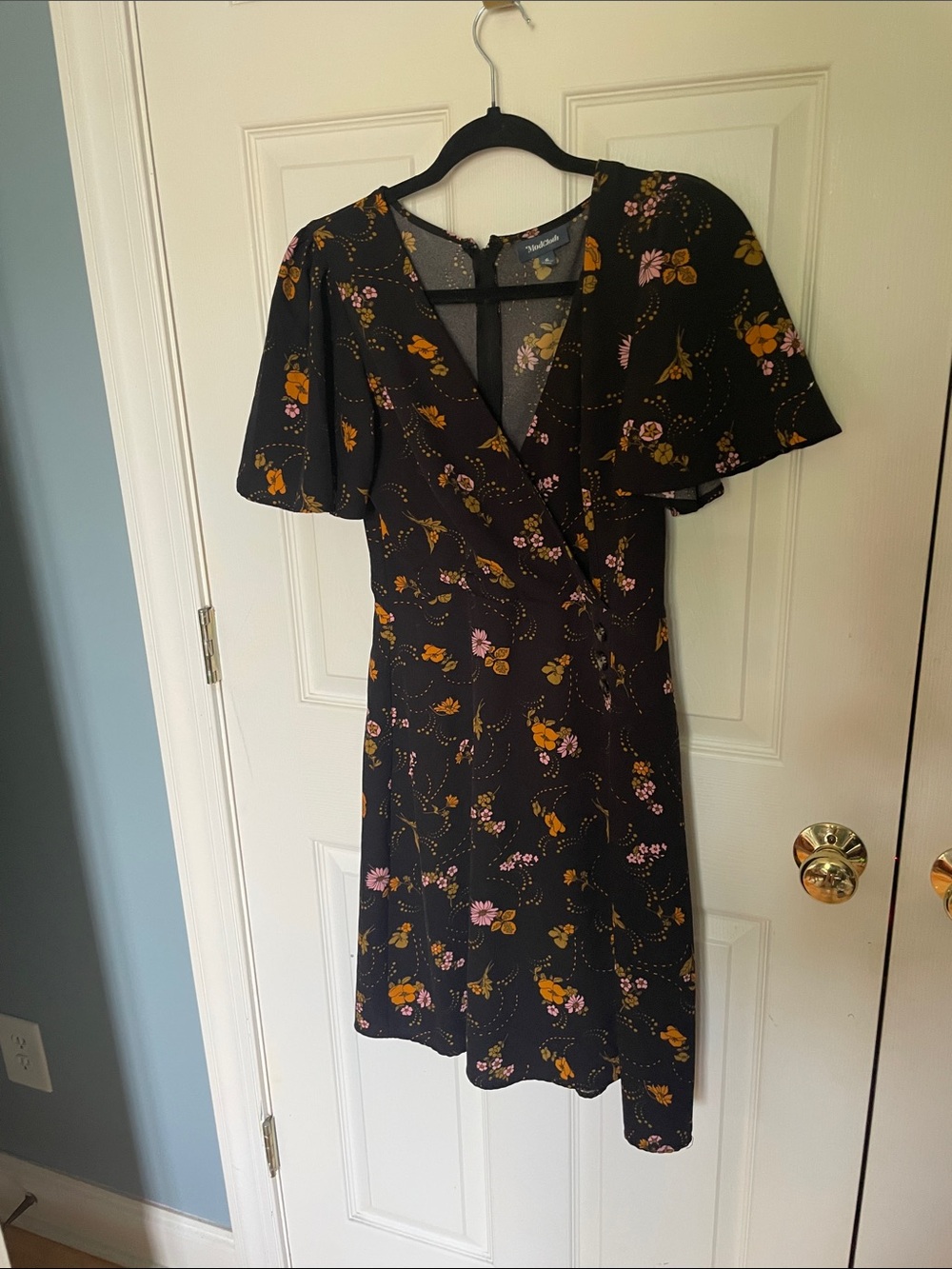 ModCloth Floral Wrap-Style Black Dress with Flutter Sleeves size 6